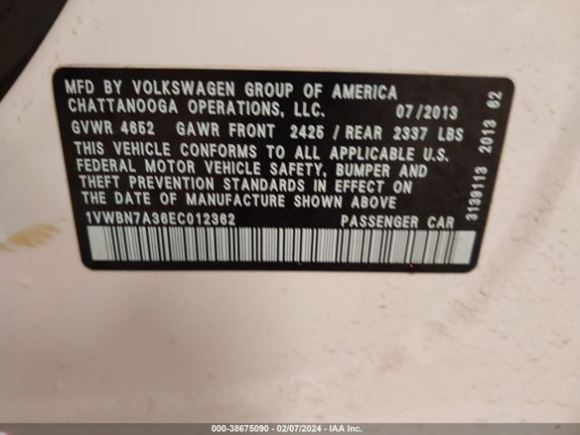 Photo 8 VIN: 1VWBN7A36EC012362 - VOLKSWAGEN PASSAT 