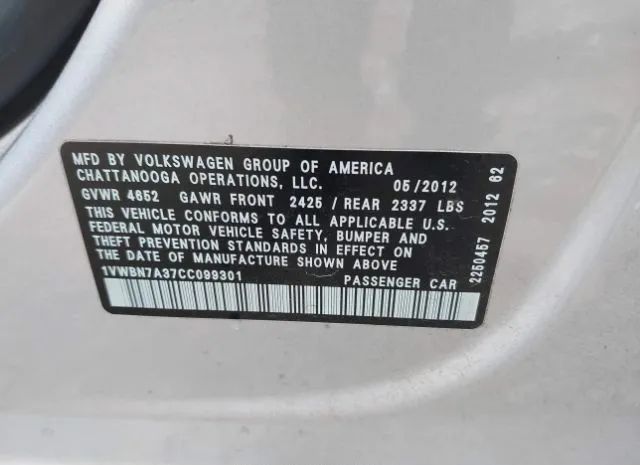 Photo 8 VIN: 1VWBN7A37CC099301 - VOLKSWAGEN PASSAT 