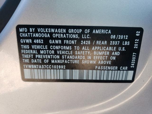 Photo 9 VIN: 1VWBN7A37CC102892 - VOLKSWAGEN PASSAT 