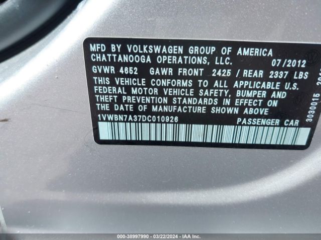 Photo 8 VIN: 1VWBN7A37DC010926 - VOLKSWAGEN PASSAT 