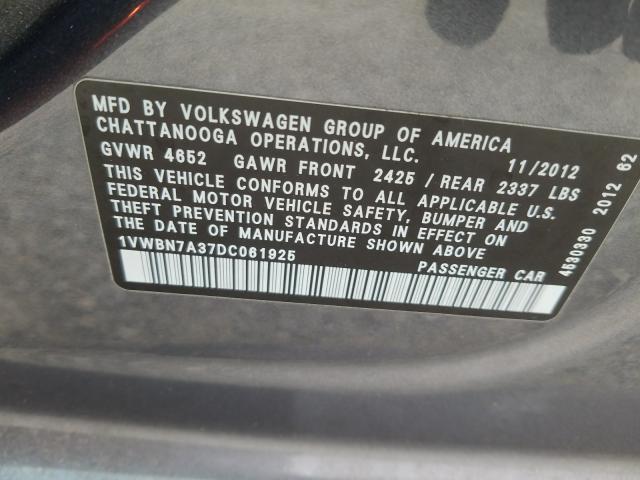 Photo 9 VIN: 1VWBN7A37DC061925 - VOLKSWAGEN PASSAT 