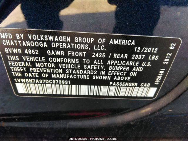 Photo 8 VIN: 1VWBN7A37DC073931 - VOLKSWAGEN PASSAT 