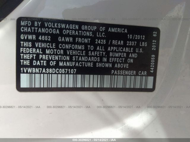 Photo 8 VIN: 1VWBN7A38DC057107 - VOLKSWAGEN PASSAT 