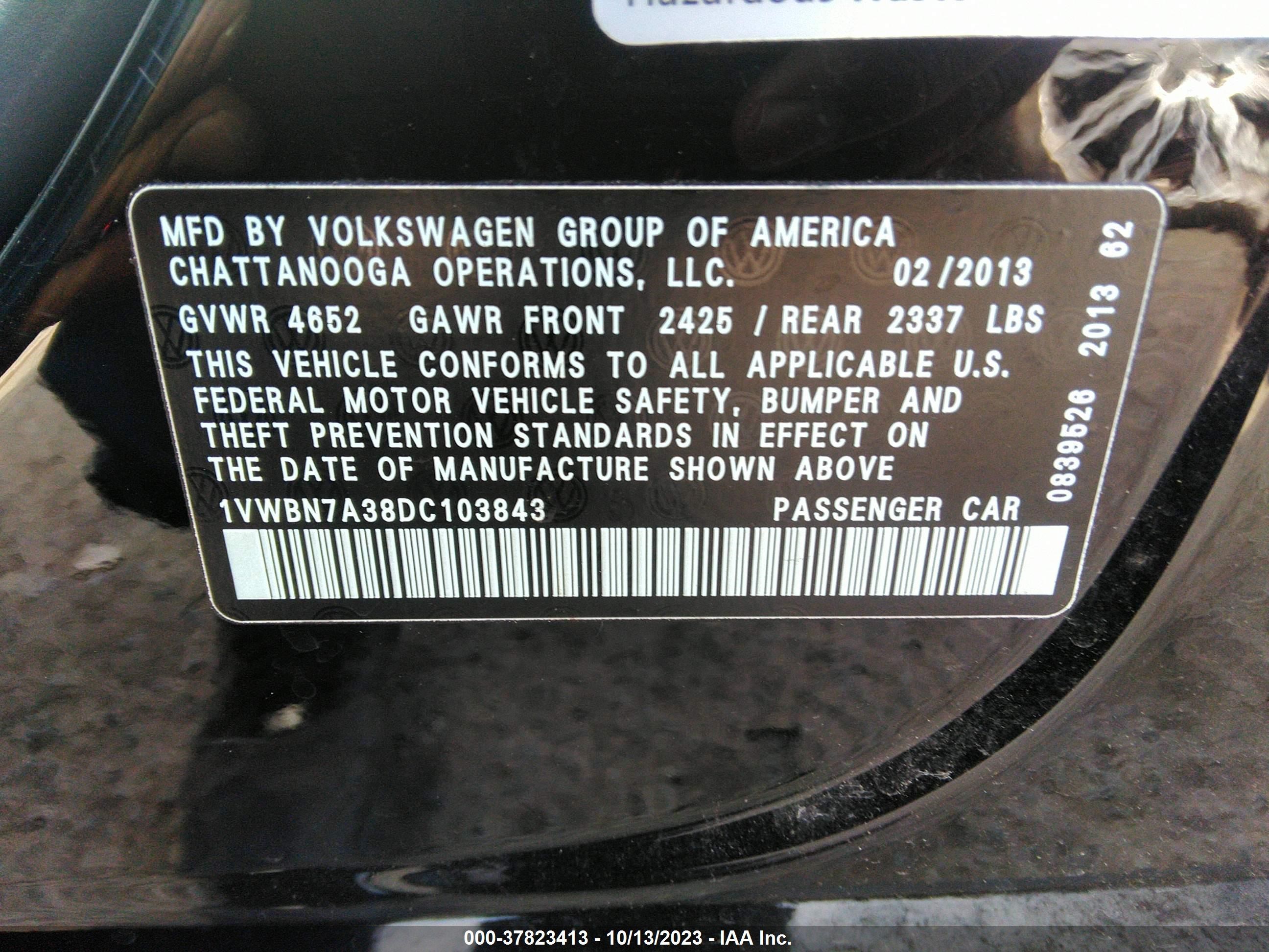 Photo 8 VIN: 1VWBN7A38DC103843 - VOLKSWAGEN PASSAT 