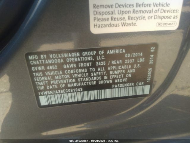 Photo 8 VIN: 1VWBN7A38EC081943 - VOLKSWAGEN PASSAT 