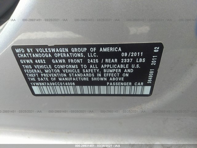 Photo 8 VIN: 1VWBN7A39CC014006 - VOLKSWAGEN PASSAT 