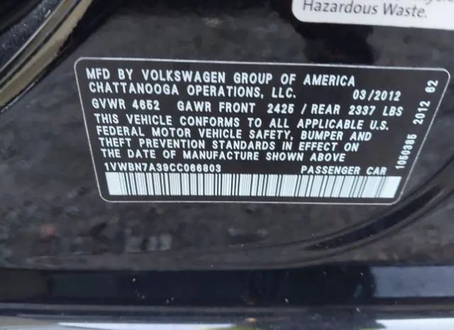 Photo 8 VIN: 1VWBN7A39CC066803 - VOLKSWAGEN PASSAT 