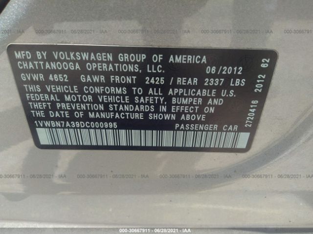 Photo 8 VIN: 1VWBN7A39DC000995 - VOLKSWAGEN PASSAT 