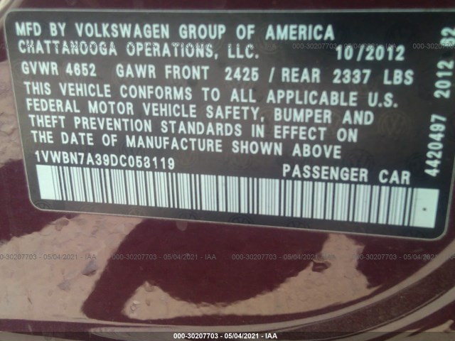 Photo 8 VIN: 1VWBN7A39DC058119 - VOLKSWAGEN PASSAT 