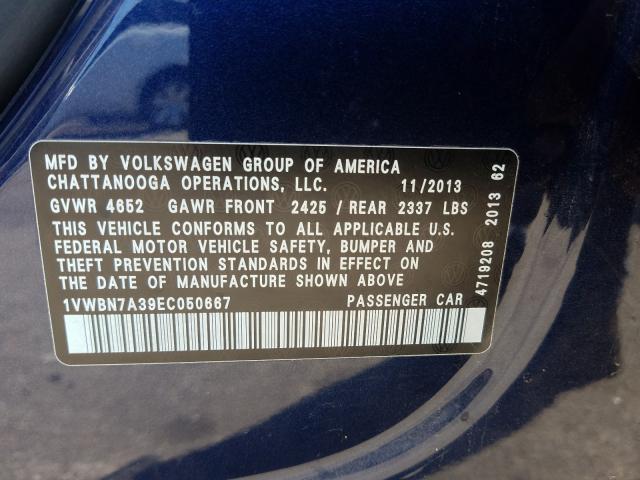 Photo 9 VIN: 1VWBN7A39EC050667 - VOLKSWAGEN PASSAT 