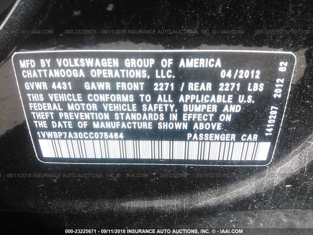 Photo 8 VIN: 1VWBP7A30CC075464 - VOLKSWAGEN PASSAT 