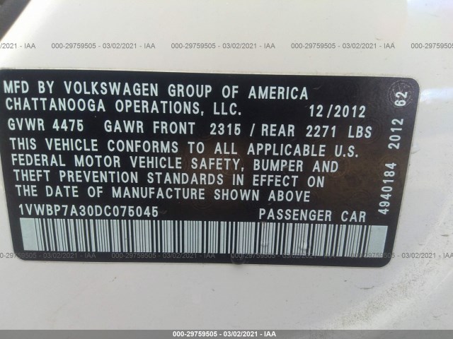 Photo 8 VIN: 1VWBP7A30DC075045 - VOLKSWAGEN PASSAT 