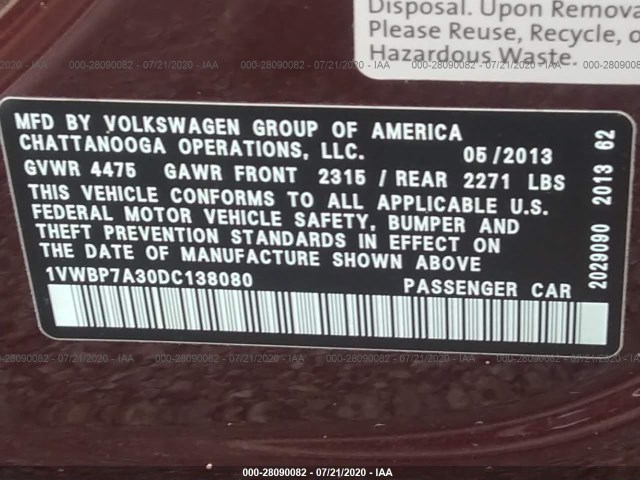 Photo 8 VIN: 1VWBP7A30DC138080 - VOLKSWAGEN PASSAT 