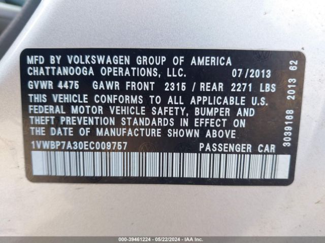 Photo 8 VIN: 1VWBP7A30EC009757 - VOLKSWAGEN PASSAT 