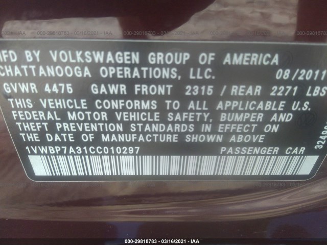 Photo 8 VIN: 1VWBP7A31CC010297 - VOLKSWAGEN PASSAT 