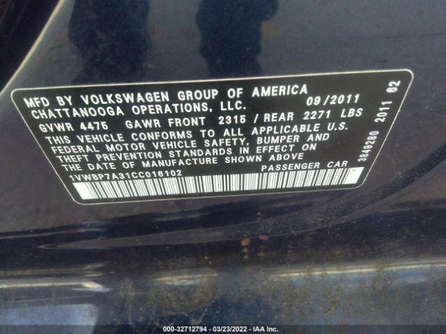 Photo 8 VIN: 1VWBP7A31CC016102 - VOLKSWAGEN PASSAT 