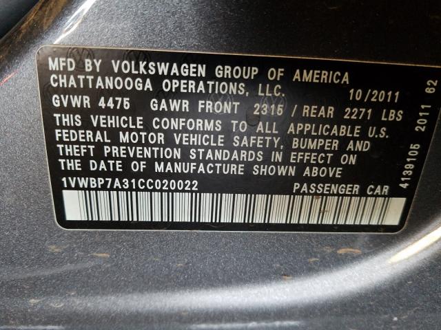 Photo 9 VIN: 1VWBP7A31CC020022 - VOLKSWAGEN PASSAT 