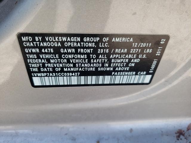 Photo 9 VIN: 1VWBP7A31CC039427 - VOLKSWAGEN PASSAT 