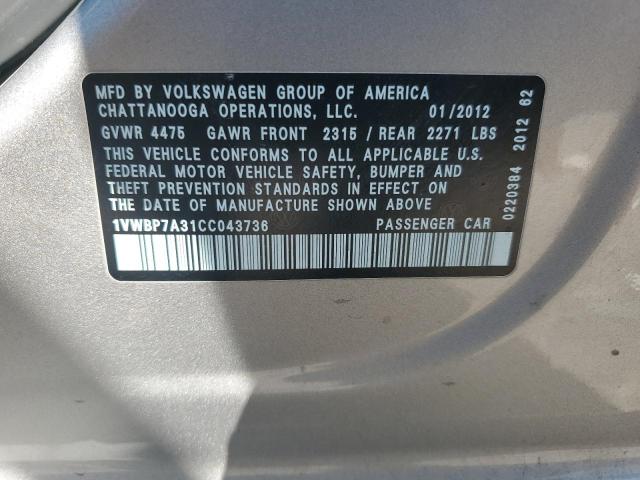 Photo 11 VIN: 1VWBP7A31CC043736 - VOLKSWAGEN PASSAT 