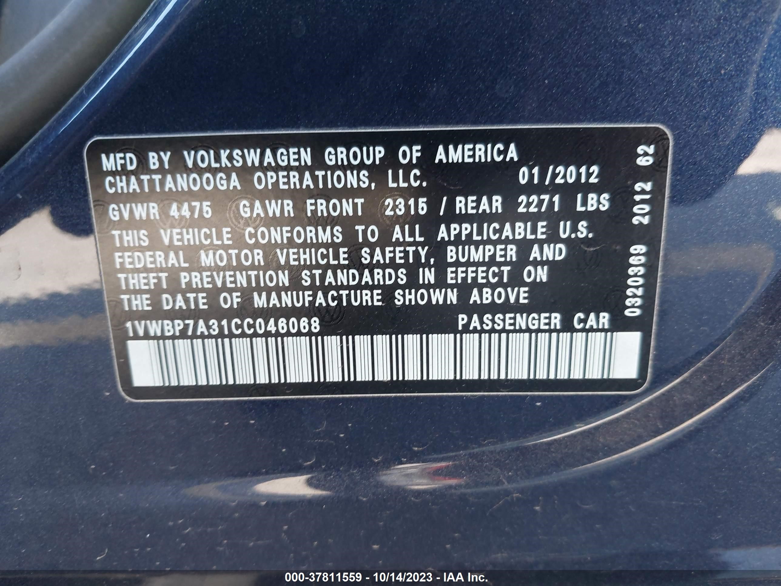 Photo 8 VIN: 1VWBP7A31CC046068 - VOLKSWAGEN PASSAT 