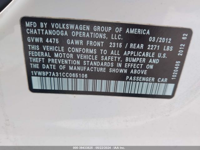 Photo 8 VIN: 1VWBP7A31CC065106 - VOLKSWAGEN PASSAT 