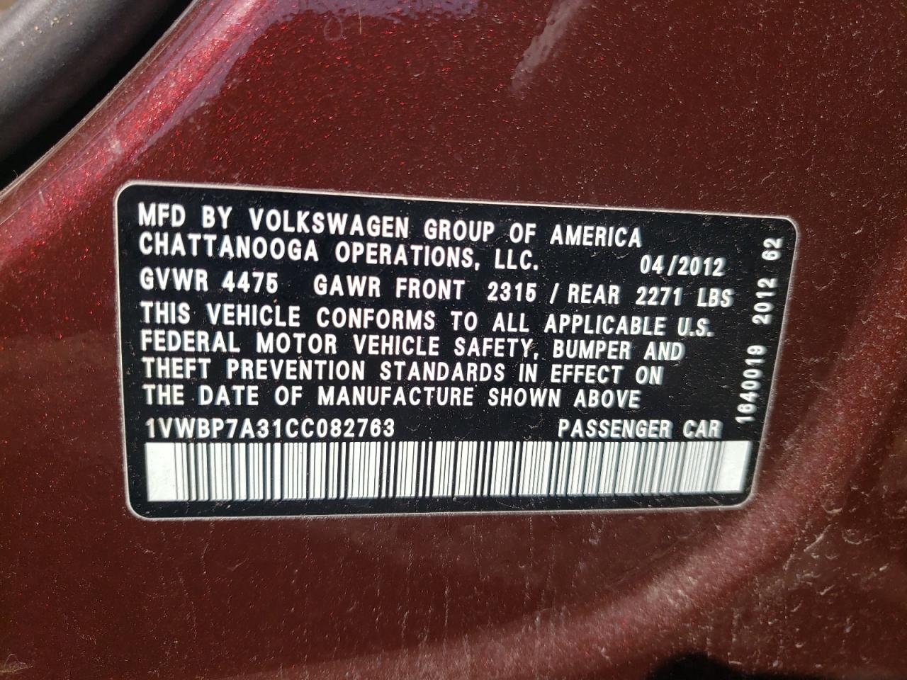 Photo 11 VIN: 1VWBP7A31CC082763 - VOLKSWAGEN PASSAT 