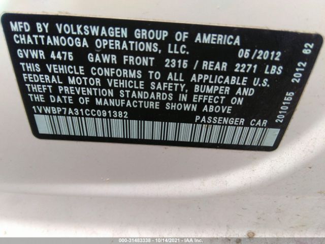 Photo 8 VIN: 1VWBP7A31CC091382 - VOLKSWAGEN PASSAT 