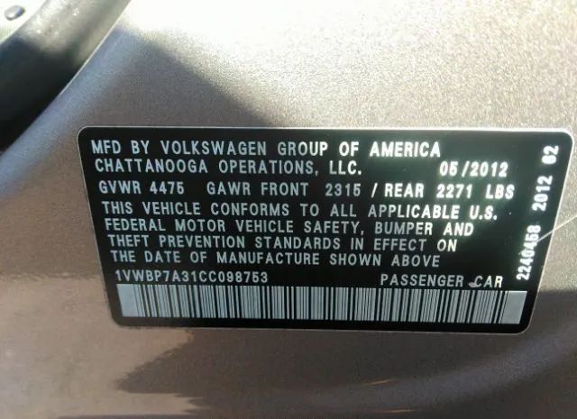 Photo 8 VIN: 1VWBP7A31CC098753 - VOLKSWAGEN PASSAT 