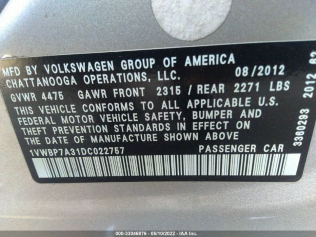 Photo 8 VIN: 1VWBP7A31DC022757 - VOLKSWAGEN PASSAT 