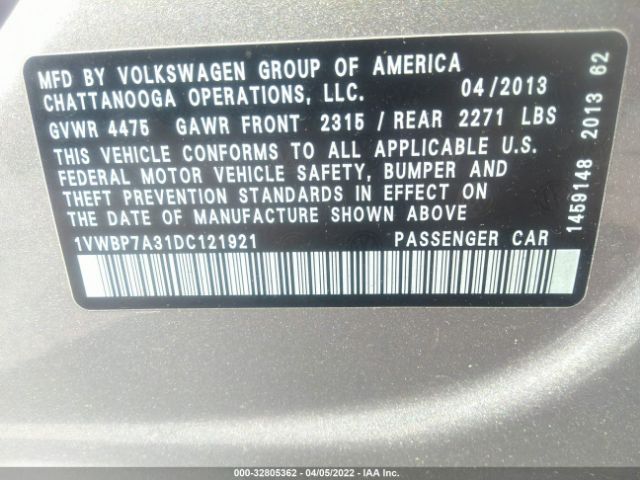 Photo 8 VIN: 1VWBP7A31DC121921 - VOLKSWAGEN PASSAT 