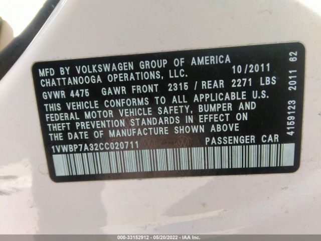 Photo 8 VIN: 1VWBP7A32CC020711 - VOLKSWAGEN PASSAT 