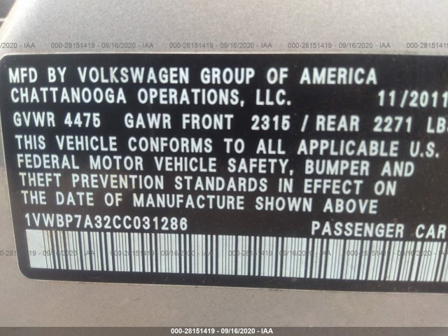 Photo 8 VIN: 1VWBP7A32CC031286 - VOLKSWAGEN PASSAT 