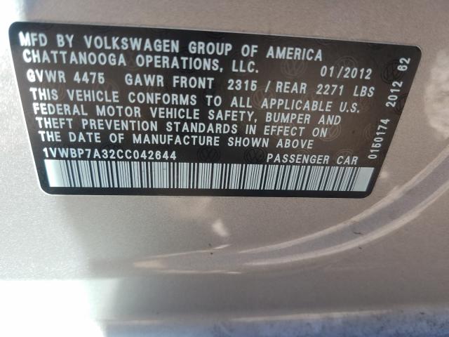 Photo 9 VIN: 1VWBP7A32CC042644 - VOLKSWAGEN PASSAT SE 