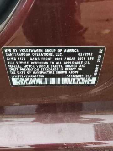 Photo 11 VIN: 1VWBP7A32CC061839 - VOLKSWAGEN PASSAT SE 