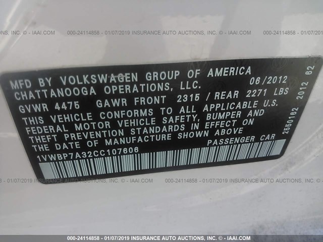 Photo 8 VIN: 1VWBP7A32CC107606 - VOLKSWAGEN PASSAT B7 