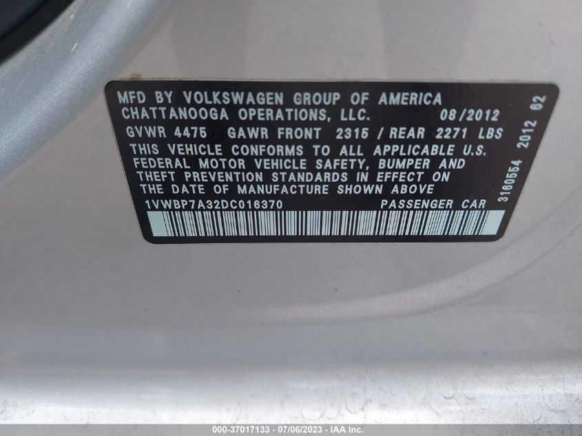 Photo 8 VIN: 1VWBP7A32DC016370 - VOLKSWAGEN PASSAT 