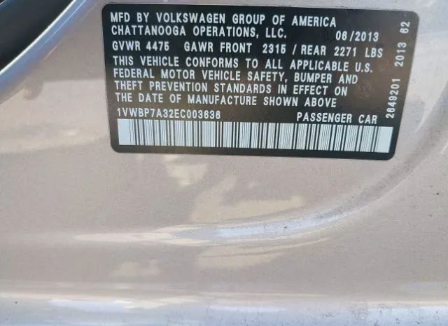 Photo 8 VIN: 1VWBP7A32EC003636 - VOLKSWAGEN PASSAT 