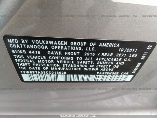 Photo 8 VIN: 1VWBP7A33CC018028 - VOLKSWAGEN PASSAT 