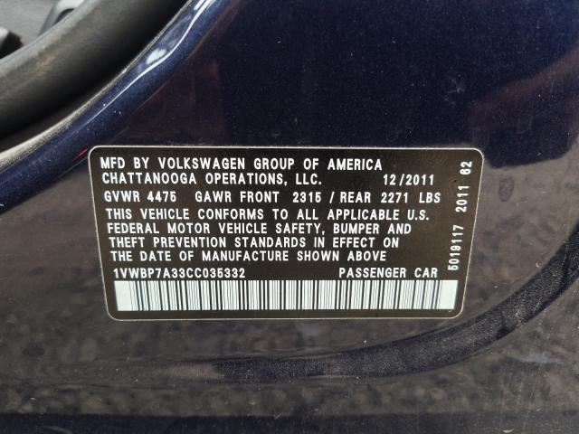 Photo 9 VIN: 1VWBP7A33CC035332 - VOLKSWAGEN PASSAT 