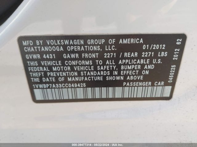 Photo 8 VIN: 1VWBP7A33CC049425 - VOLKSWAGEN PASSAT 