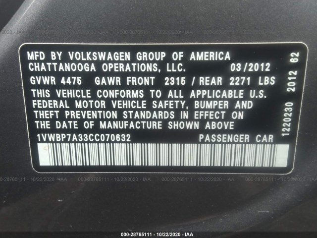 Photo 8 VIN: 1VWBP7A33CC070632 - VOLKSWAGEN PASSAT 