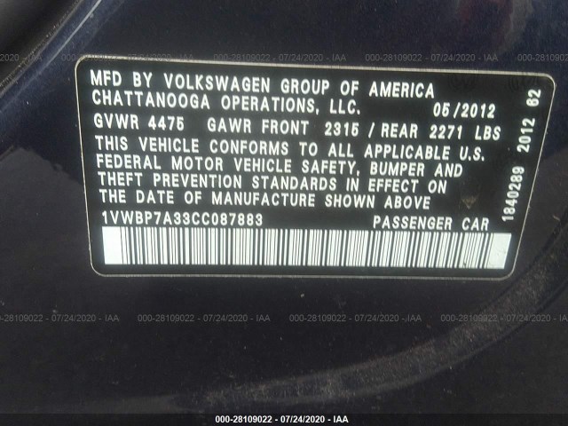 Photo 8 VIN: 1VWBP7A33CC087883 - VOLKSWAGEN PASSAT 