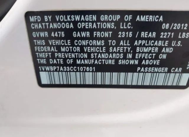 Photo 8 VIN: 1VWBP7A33CC107601 - VOLKSWAGEN PASSAT 