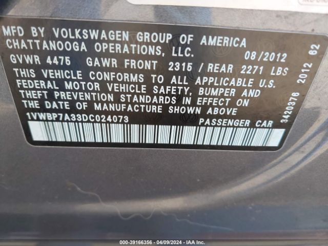 Photo 8 VIN: 1VWBP7A33DC024073 - VOLKSWAGEN PASSAT 