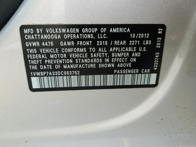 Photo 9 VIN: 1VWBP7A33DC053752 - VOLKSWAGEN PASSAT 