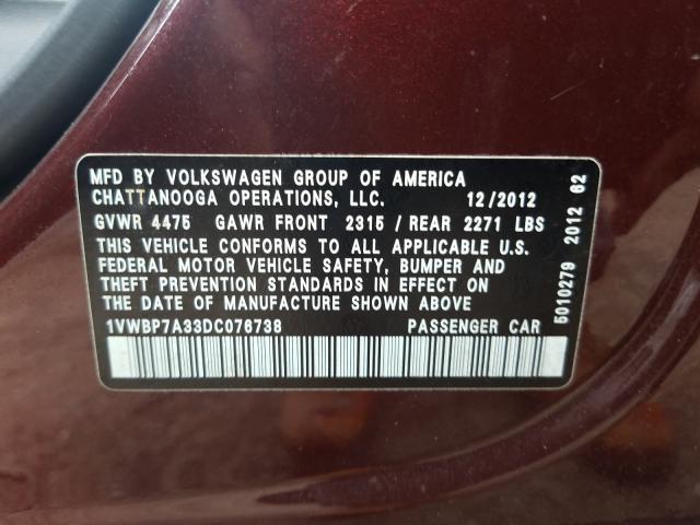 Photo 9 VIN: 1VWBP7A33DC076738 - VOLKSWAGEN PASSAT 