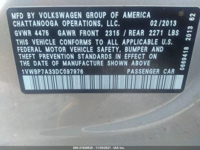 Photo 8 VIN: 1VWBP7A33DC097976 - VOLKSWAGEN PASSAT 