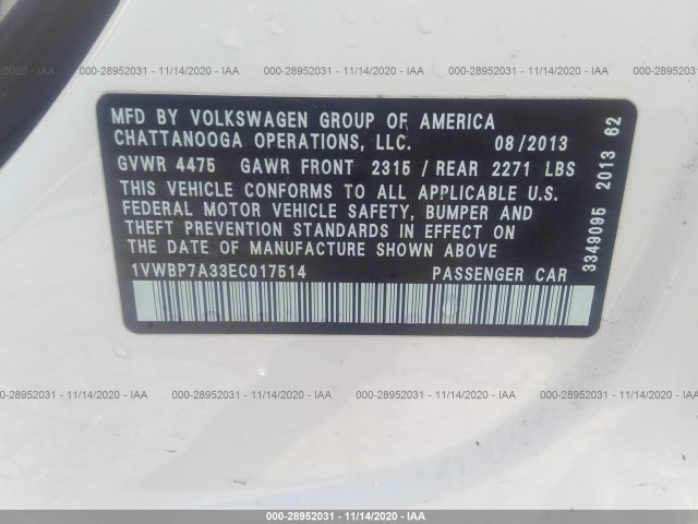 Photo 8 VIN: 1VWBP7A33EC017514 - VOLKSWAGEN PASSAT 