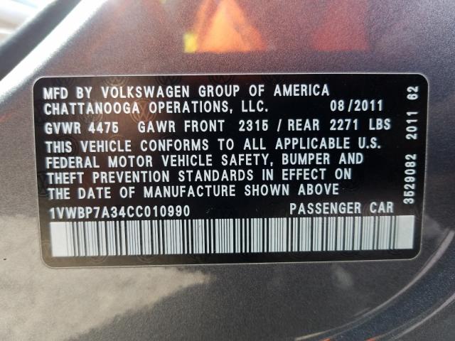 Photo 9 VIN: 1VWBP7A34CC010990 - VOLKSWAGEN PASSAT 