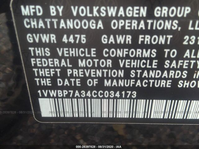 Photo 8 VIN: 1VWBP7A34CC034173 - VOLKSWAGEN PASSAT 